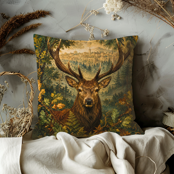 Majestic Stag Forest Pillow Cover – Vintage Wildlife Art | Medieval Castle Decor