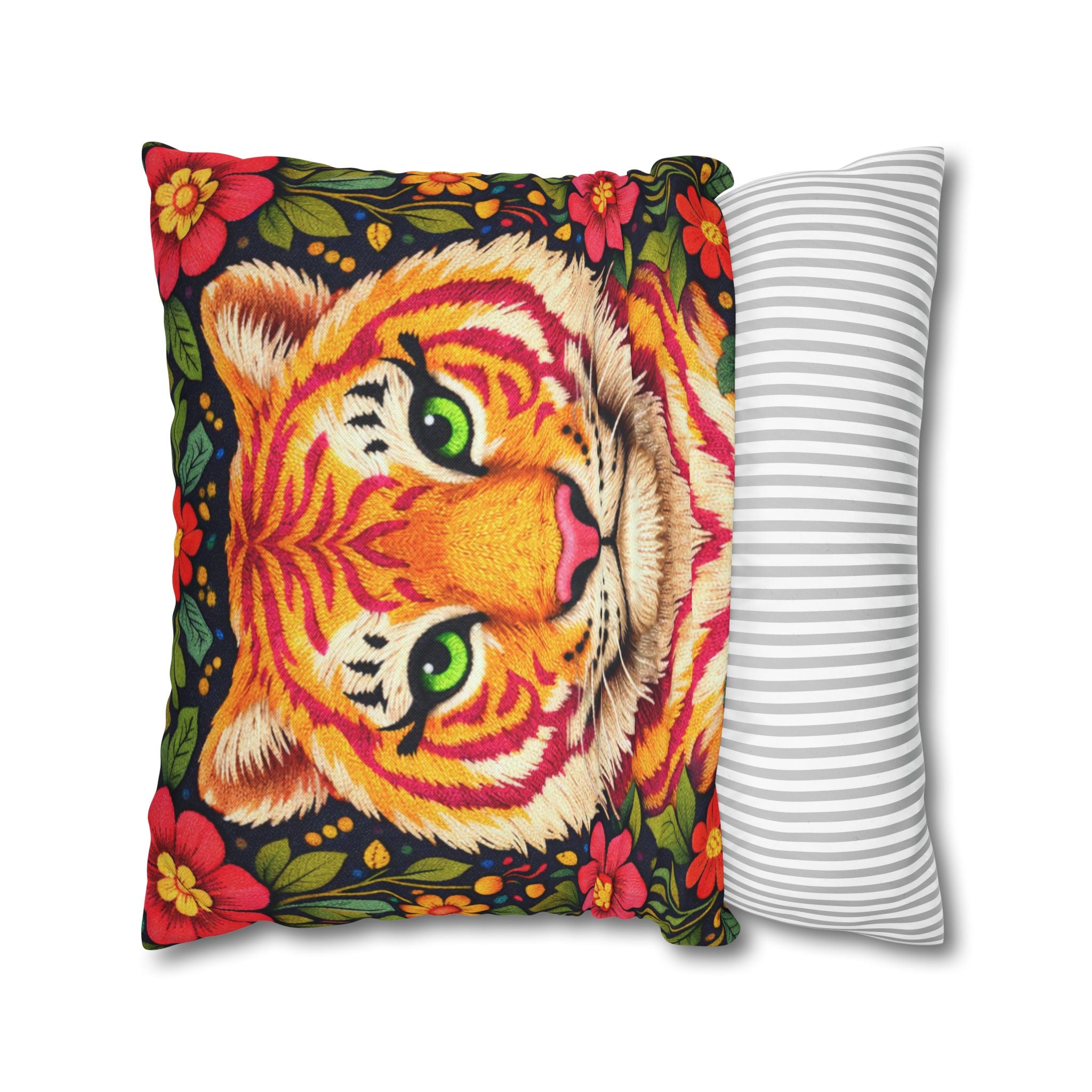 Folk Art Tiger Pillow Cover – Layered Color Artwork