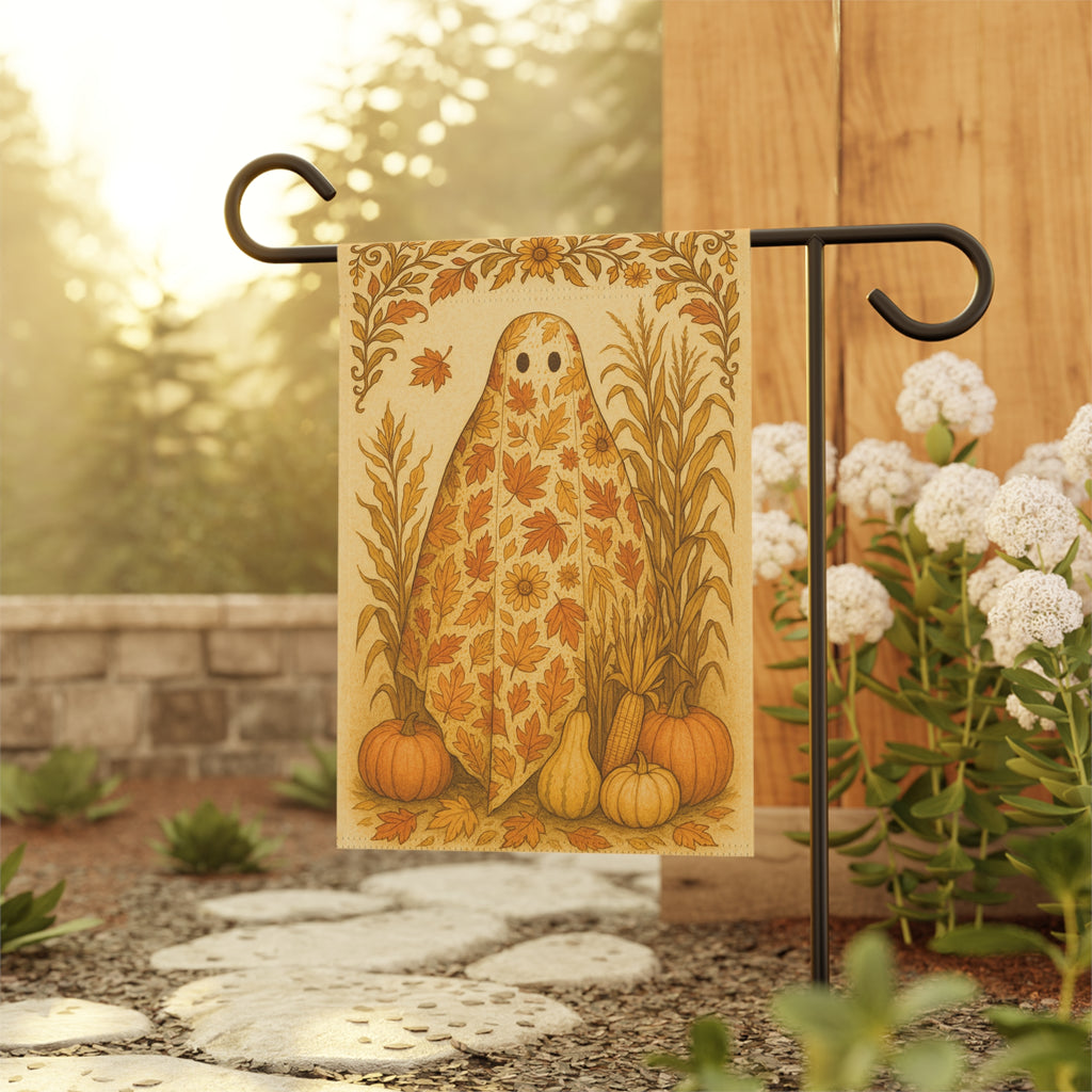 Autumn ghost garden flag with pumpkins and harvest leaves