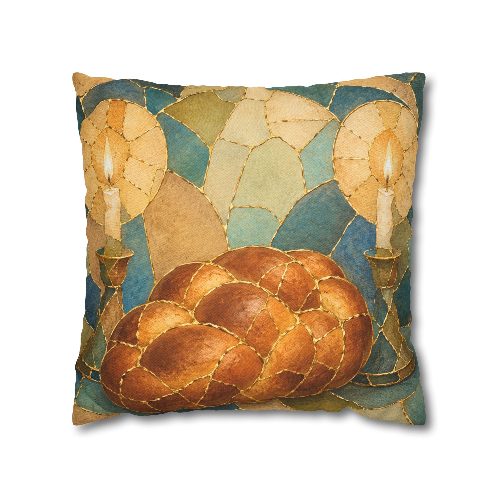 Challah Shabbat Candles Pillow Cover | Jewish Spiritual Art | Warm Decor