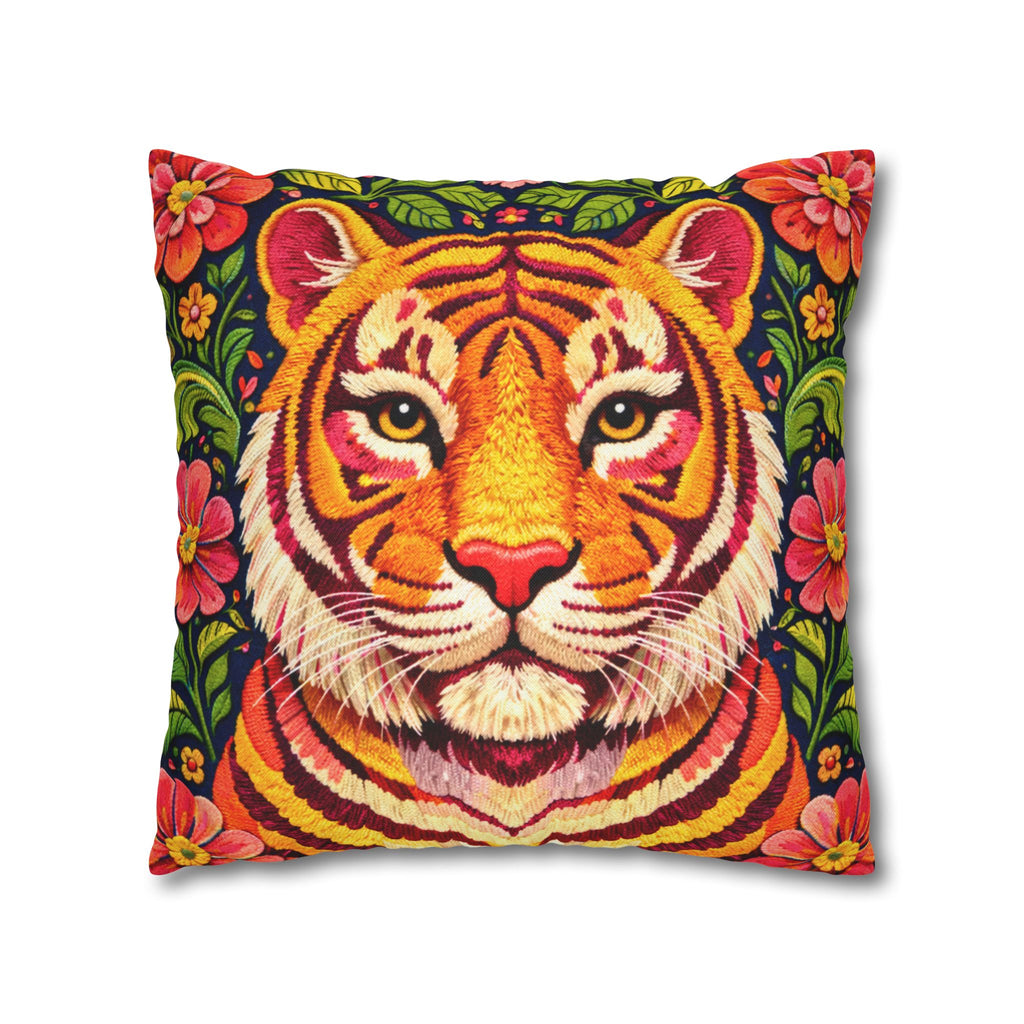 Embroidered Tiger Portrait Pillow Cover – Folk Orange Red Portrait