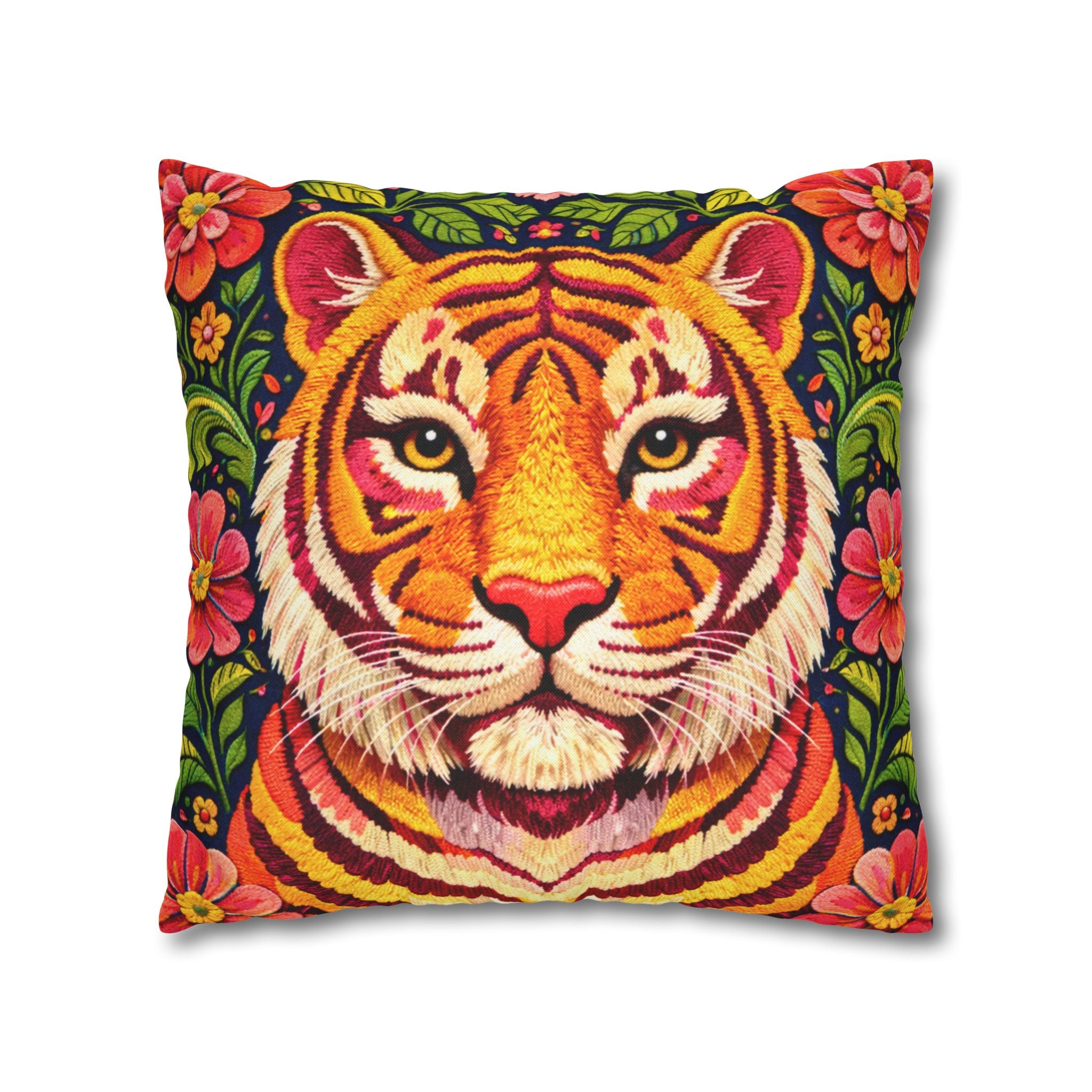 Embroidered Tiger Portrait Pillow Cover – Folk Orange Red Portrait