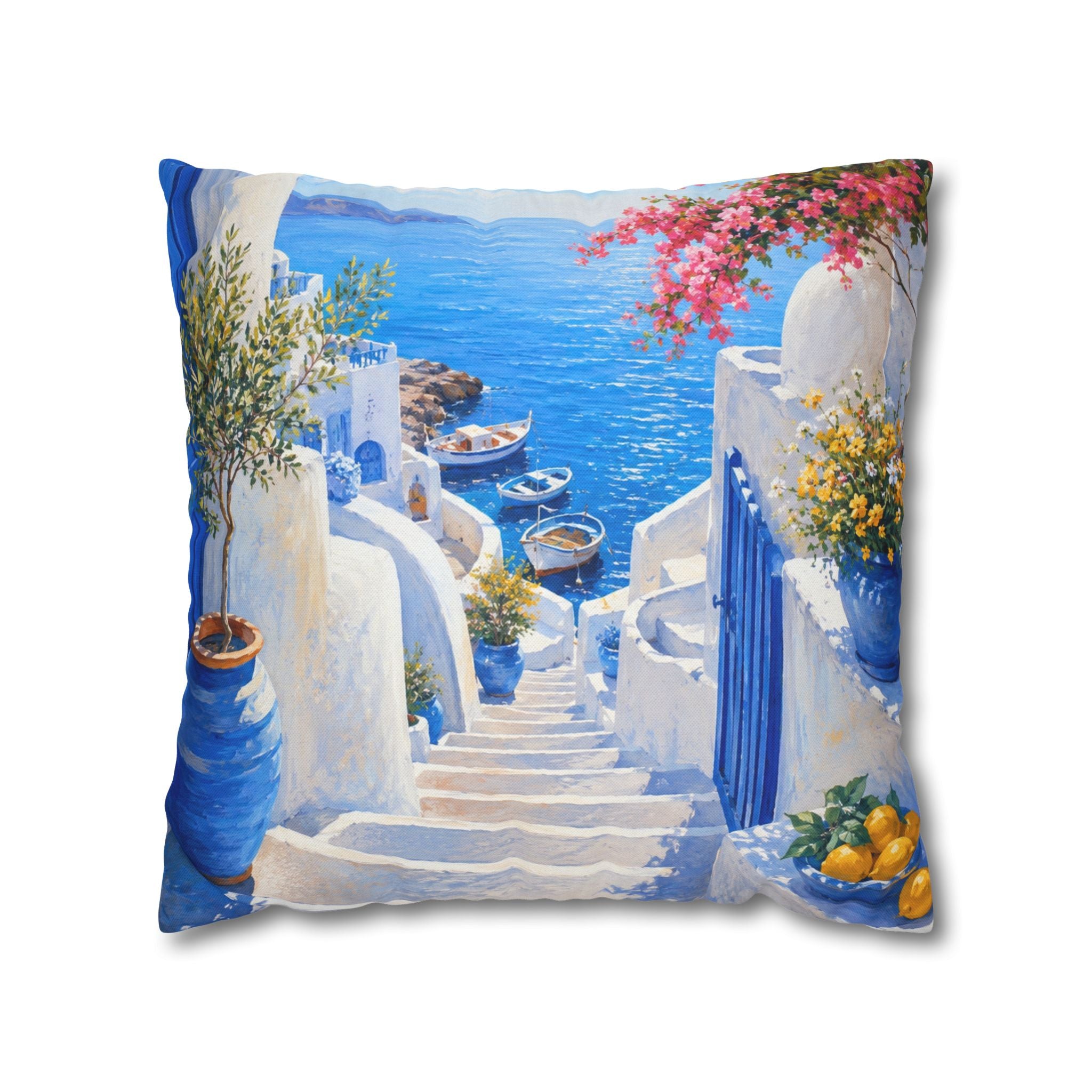 Greek Island Street Pillow Cover | Blue White Sea View Art | Mediterranean Decor