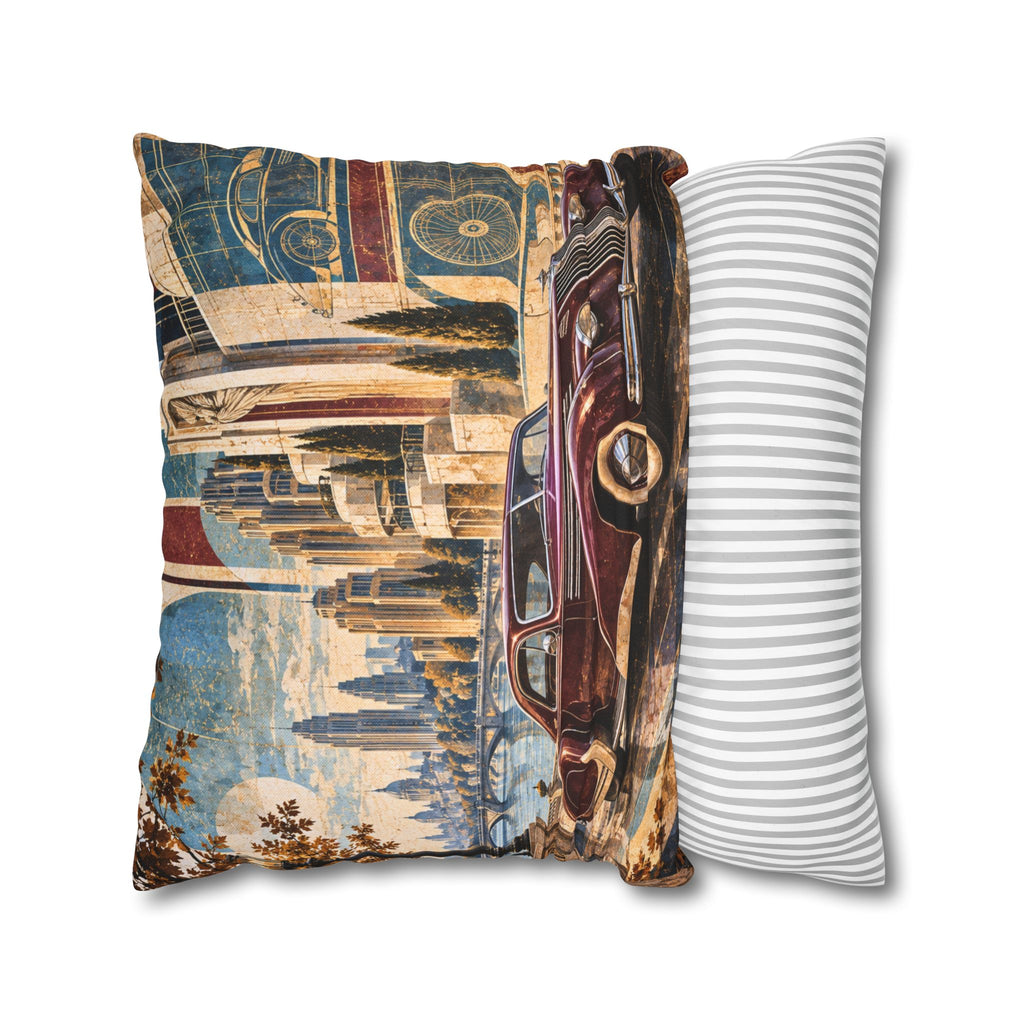 Classic Car Pillow Cover | Waterfront Cityscape | Art Deco Decor