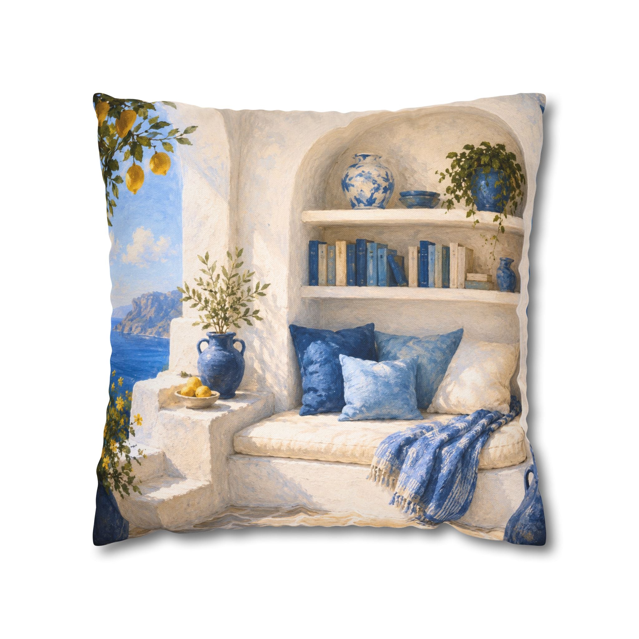 Mediterranean Reading Nook Pillow Cover | Greek Island Art | Cozy Sea View Decor