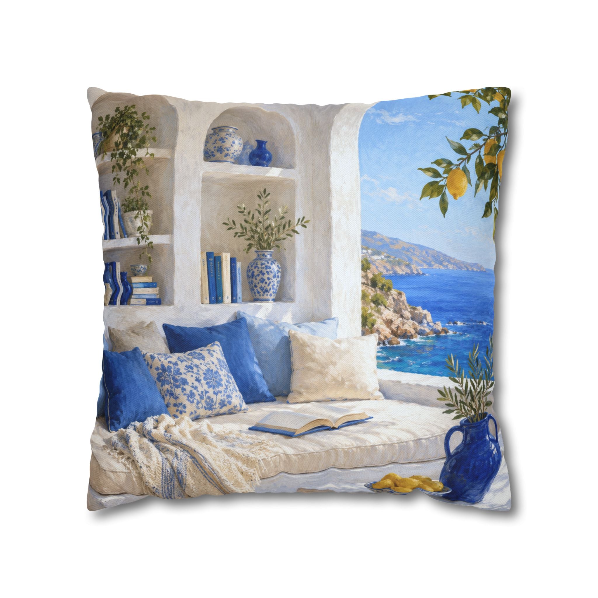 Mediterranean Reading Nook Pillow Cover | Greek Sea View Art | Cozy Island Decor