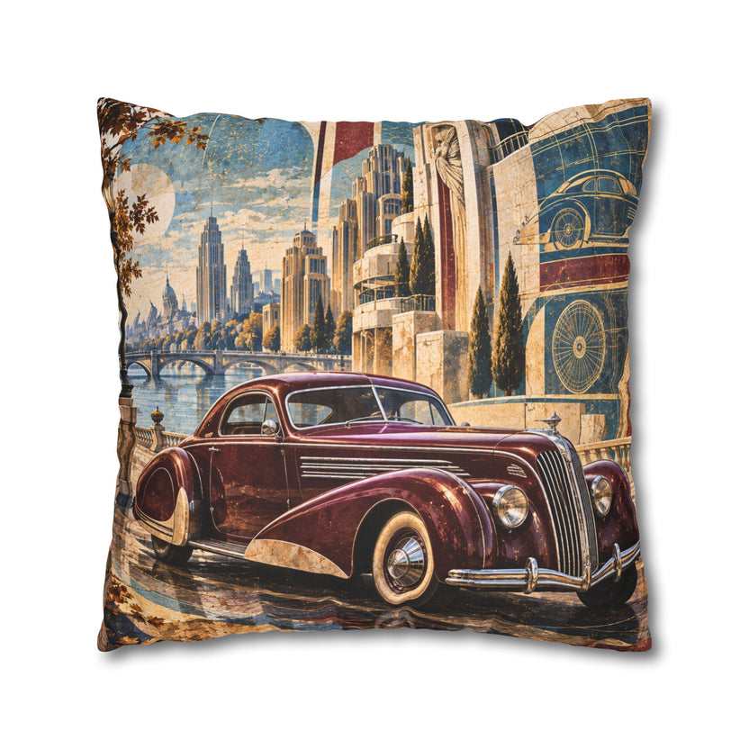Classic Car Pillow Cover | Waterfront Cityscape | Art Deco Decor