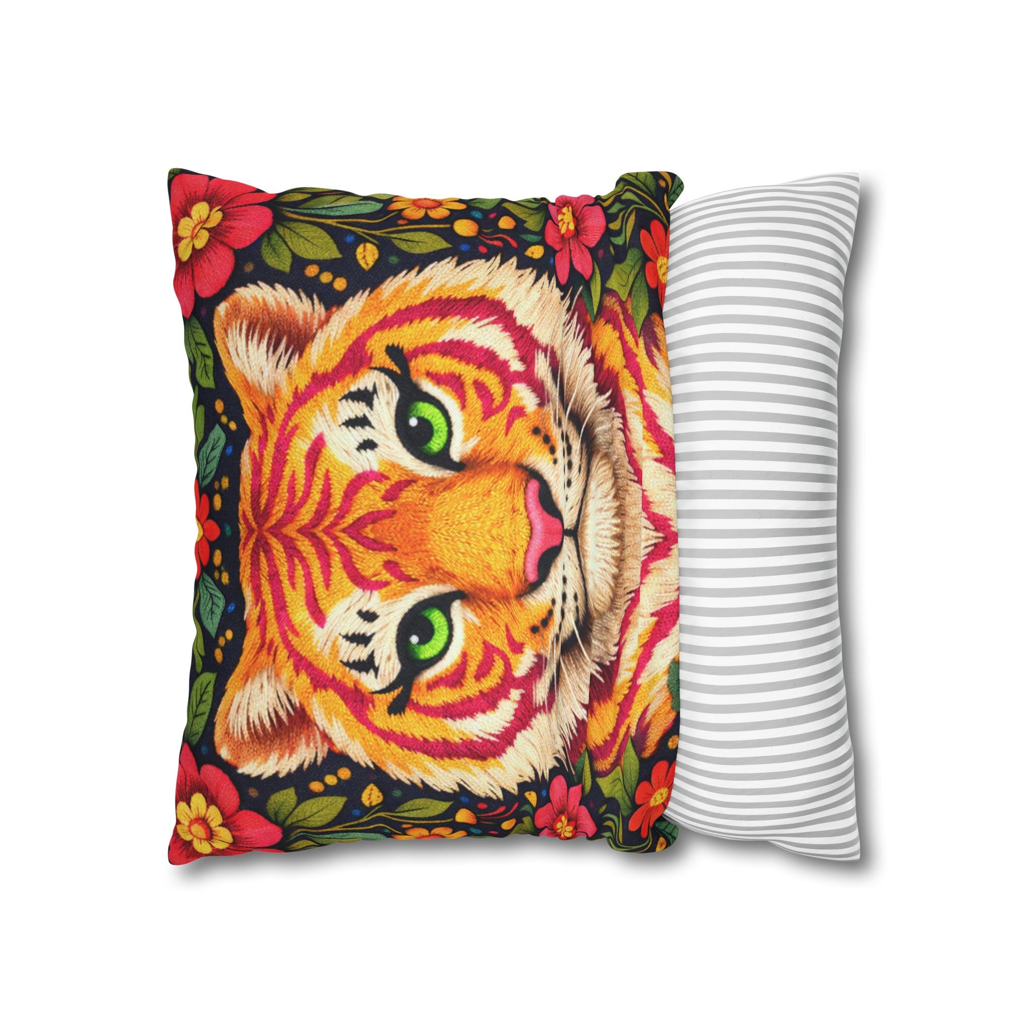 Folk Art Tiger Pillow Cover – Layered Color Artwork