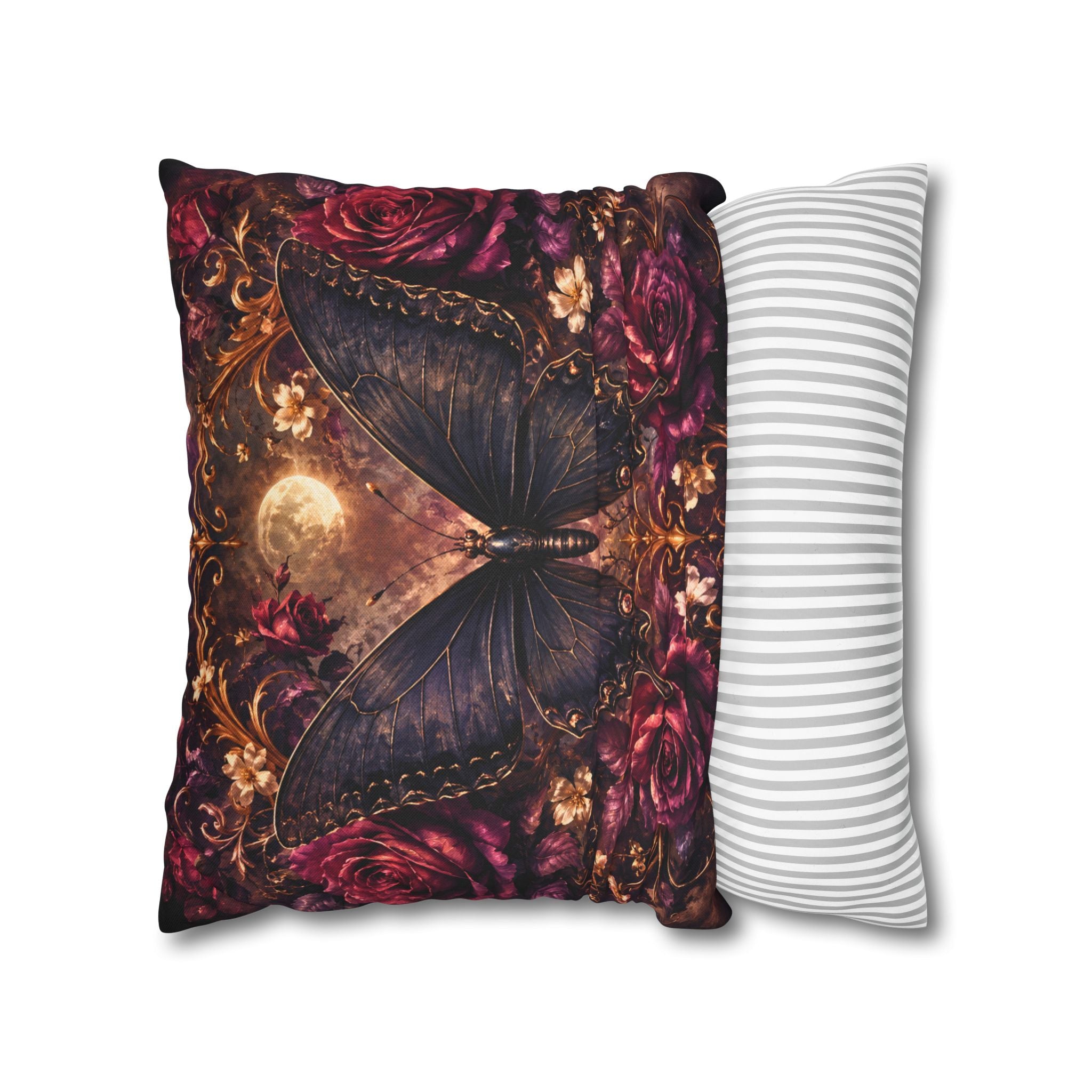 Dark Butterfly Pillow Cover | Gothic Roses Moon Art | Luxe Fantasy Decor