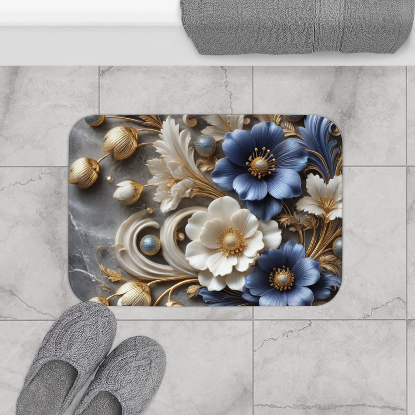Blue and Gold Floral Bath Mat | Marble Spa Bathroom Decor