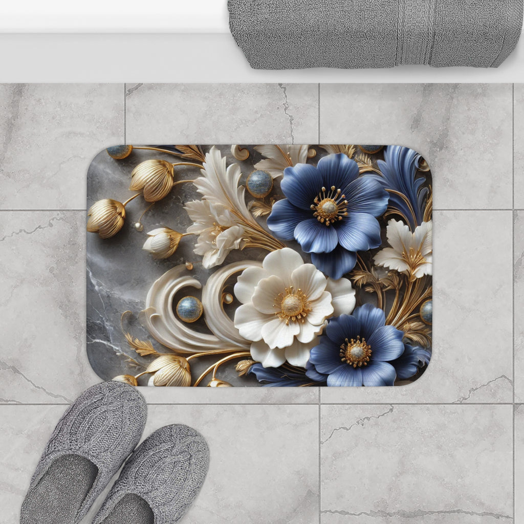 Blue and Gold Floral Bath Mat | Marble Spa Bathroom Decor