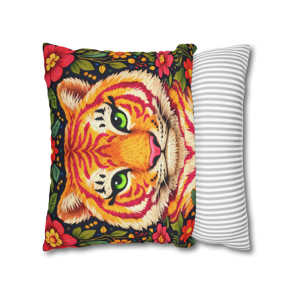 Folk Art Tiger Pillow Cover – Layered Color Artwork