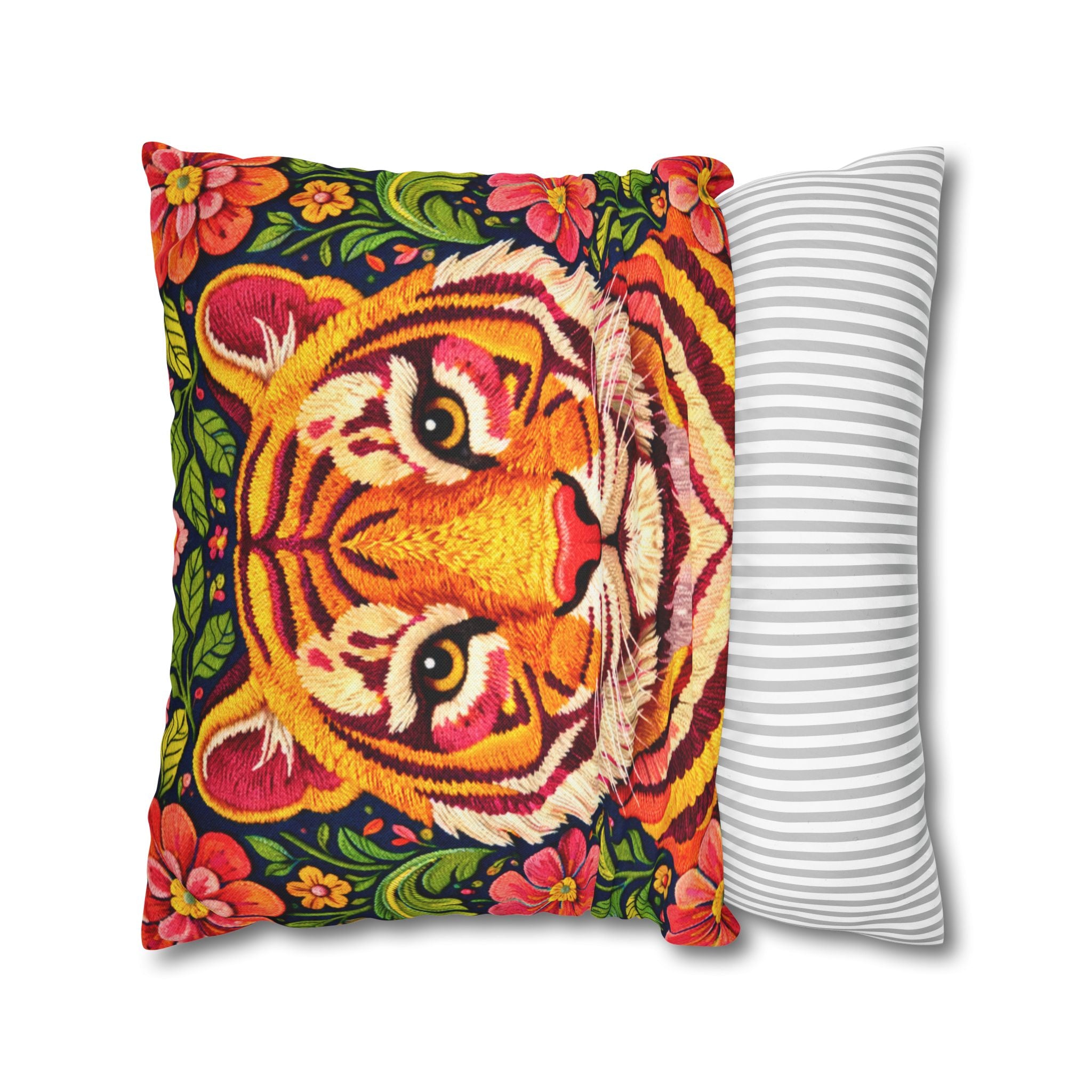 Embroidered Tiger Portrait Pillow Cover – Folk Orange Red Portrait