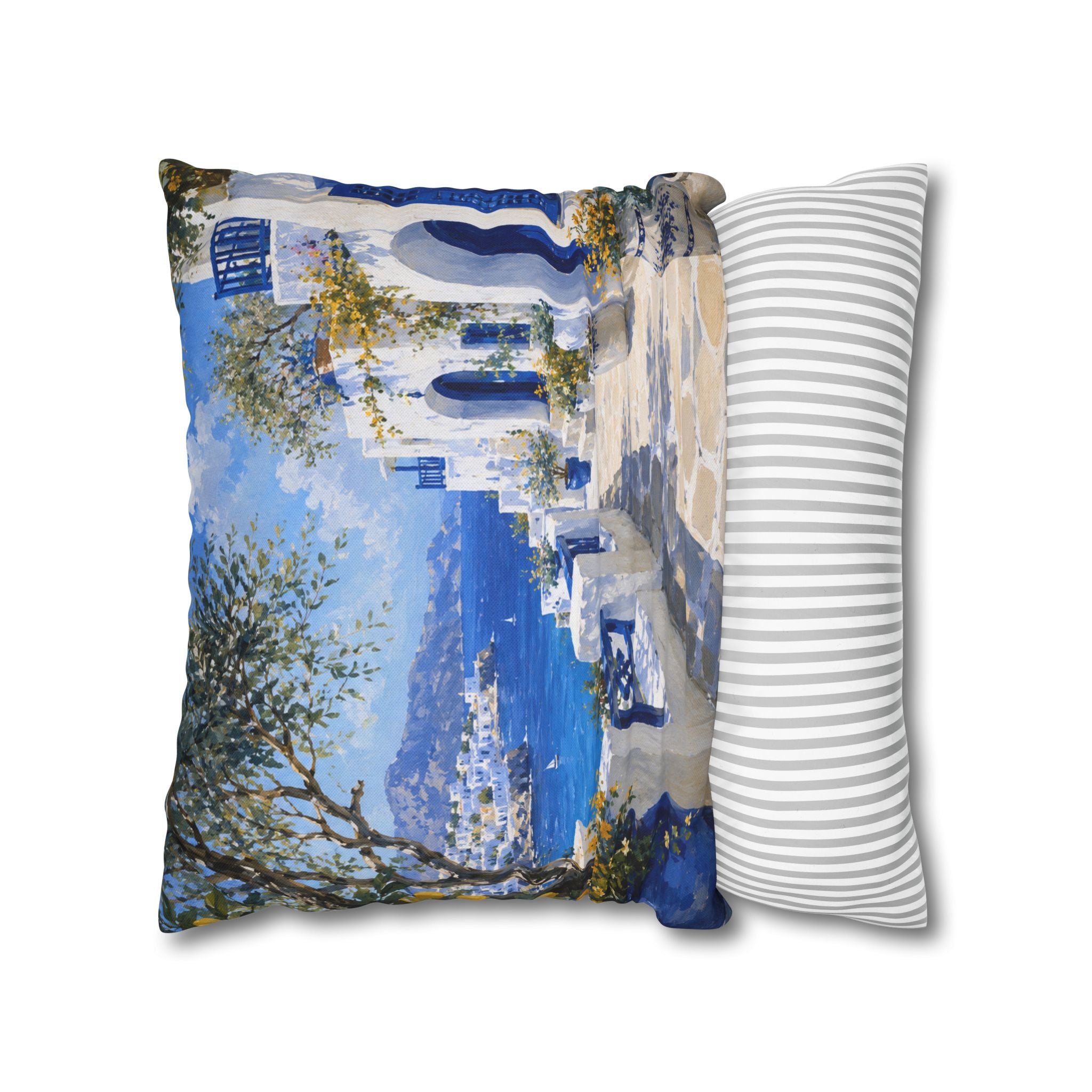 Greek Island Street Pillow Cover | Blue White Sea View Art | Mediterranean Decor
