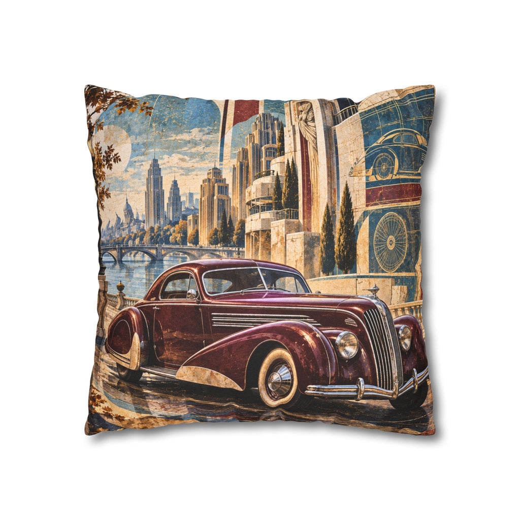 Classic Car Pillow Cover | Waterfront Cityscape | Art Deco Decor
