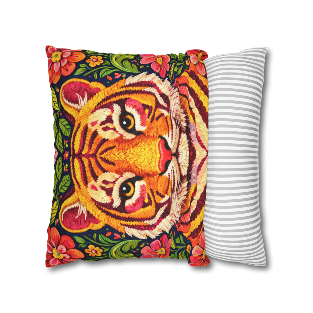 Embroidered Tiger Portrait Pillow Cover – Folk Orange Red Portrait