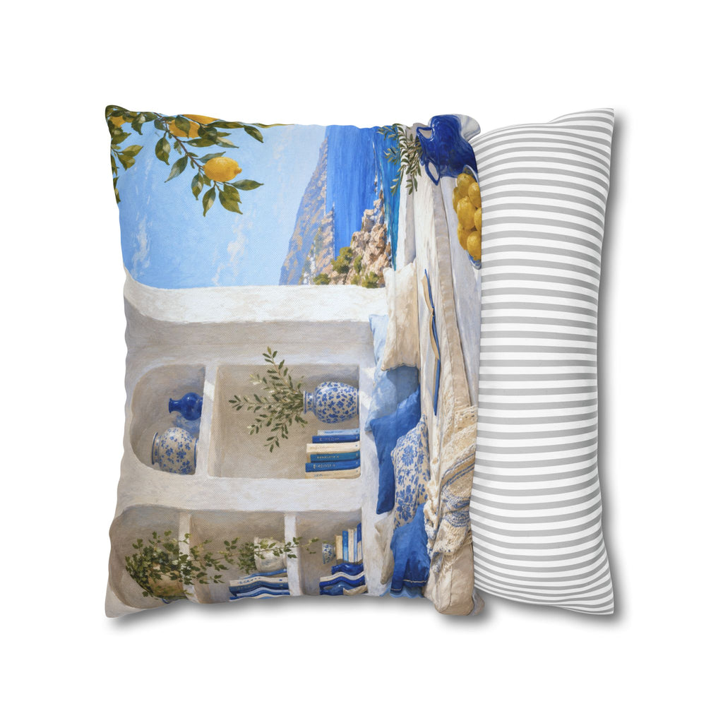 Mediterranean Reading Nook Pillow Cover | Greek Sea View Art | Cozy Island Decor