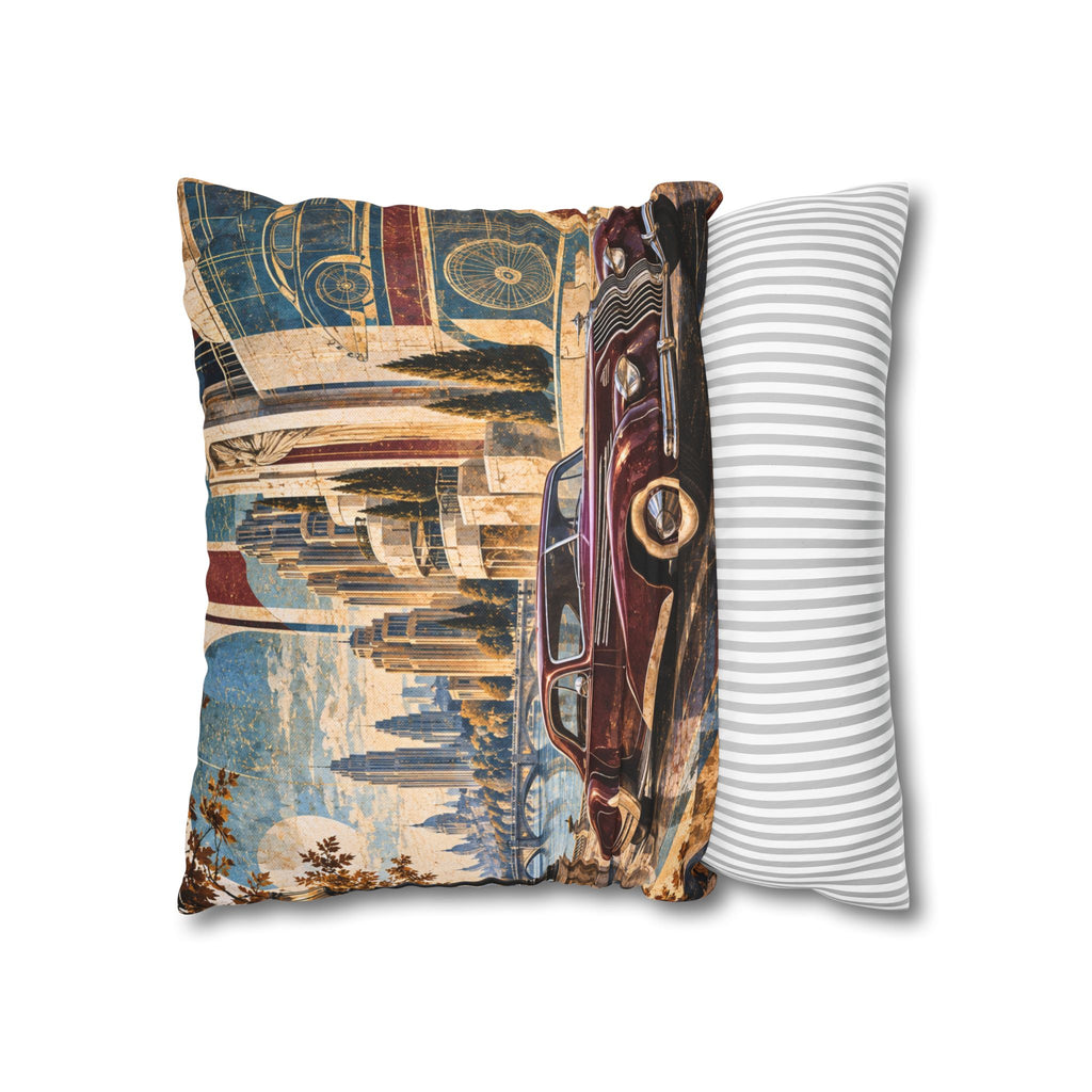 Classic Car Pillow Cover | Waterfront Cityscape | Art Deco Decor