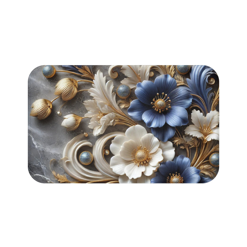 Blue and Gold Floral Bath Mat | Marble Spa Bathroom Decor