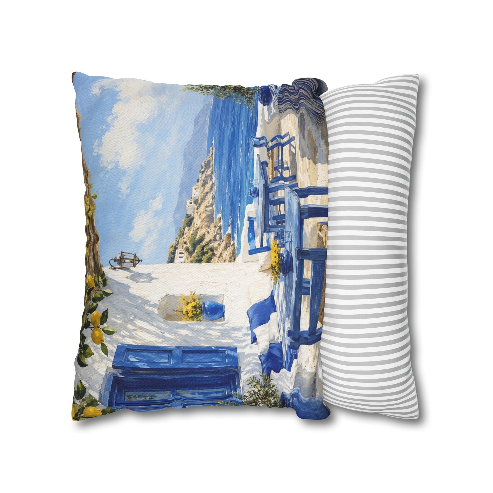 Greek Island Patio Pillow Cover | Blue White Sea View Art | Mediterranean Decor