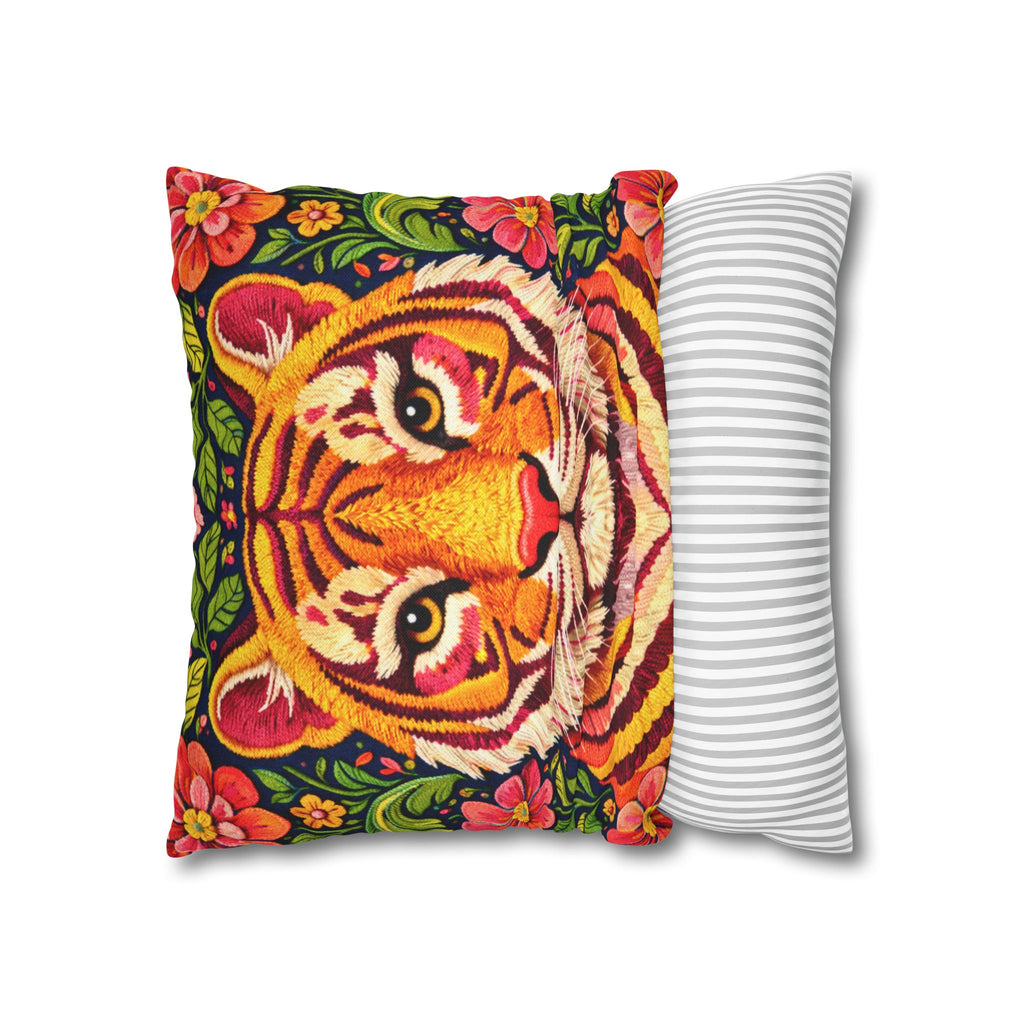 Embroidered Tiger Portrait Pillow Cover – Folk Orange Red Portrait