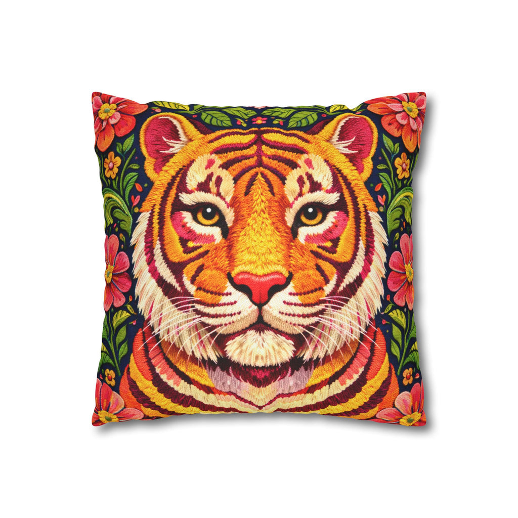 Embroidered Tiger Portrait Pillow Cover – Folk Orange Red Portrait