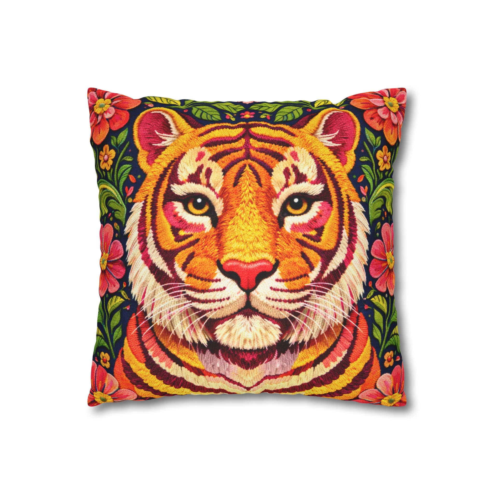 Embroidered Tiger Portrait Pillow Cover – Folk Orange Red Portrait