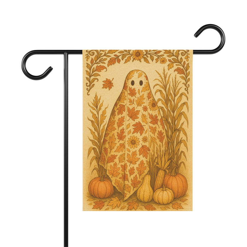 Studio front of autumn ghost Halloween garden flag with pumpkins and harvest leaves