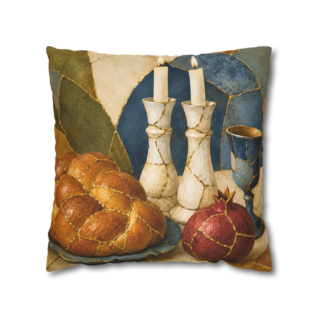 Shabbat Table Pillow Cover | Challah Candles Art | Jewish Spiritual Decor