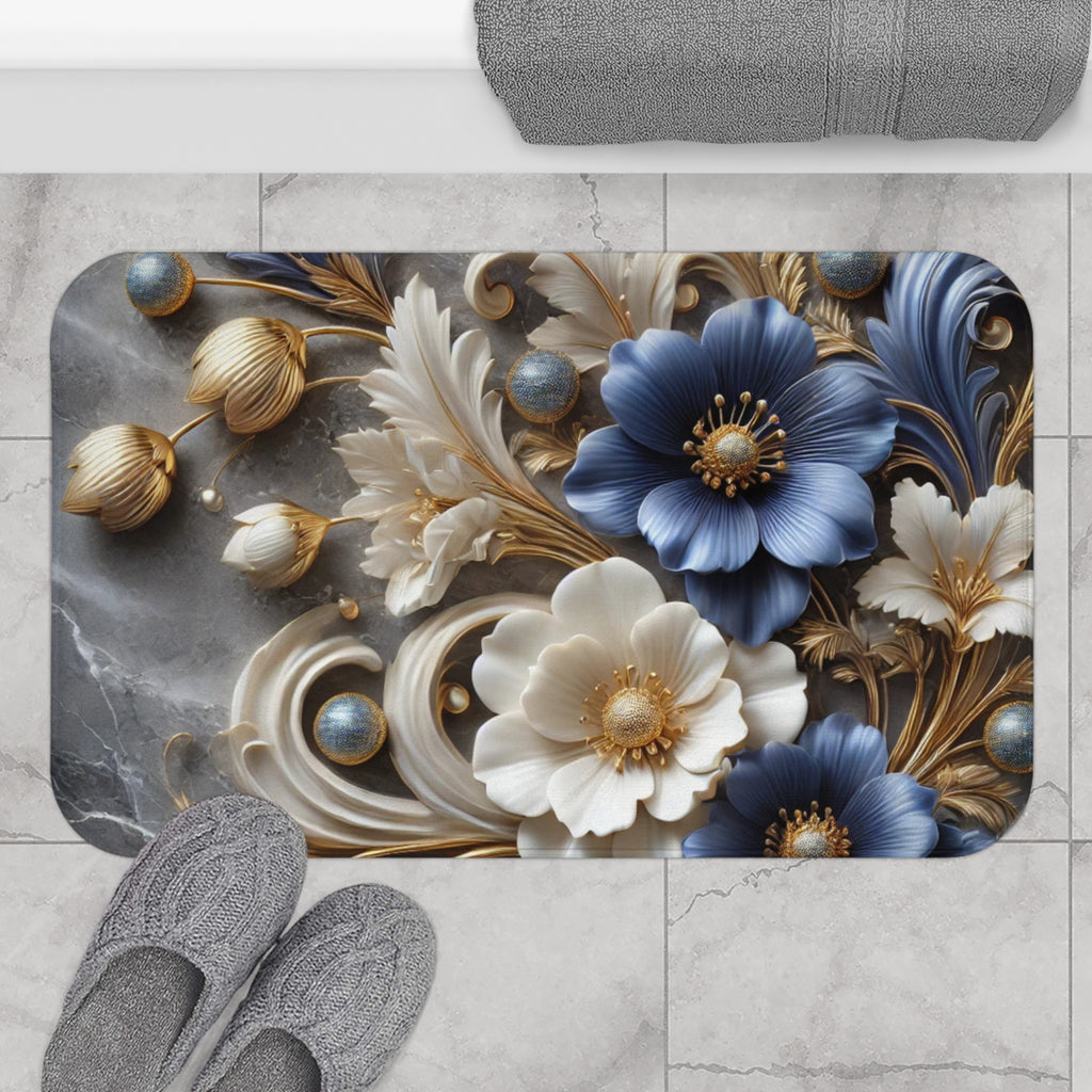 Blue and Gold Floral Bath Mat | Marble Spa Bathroom Decor