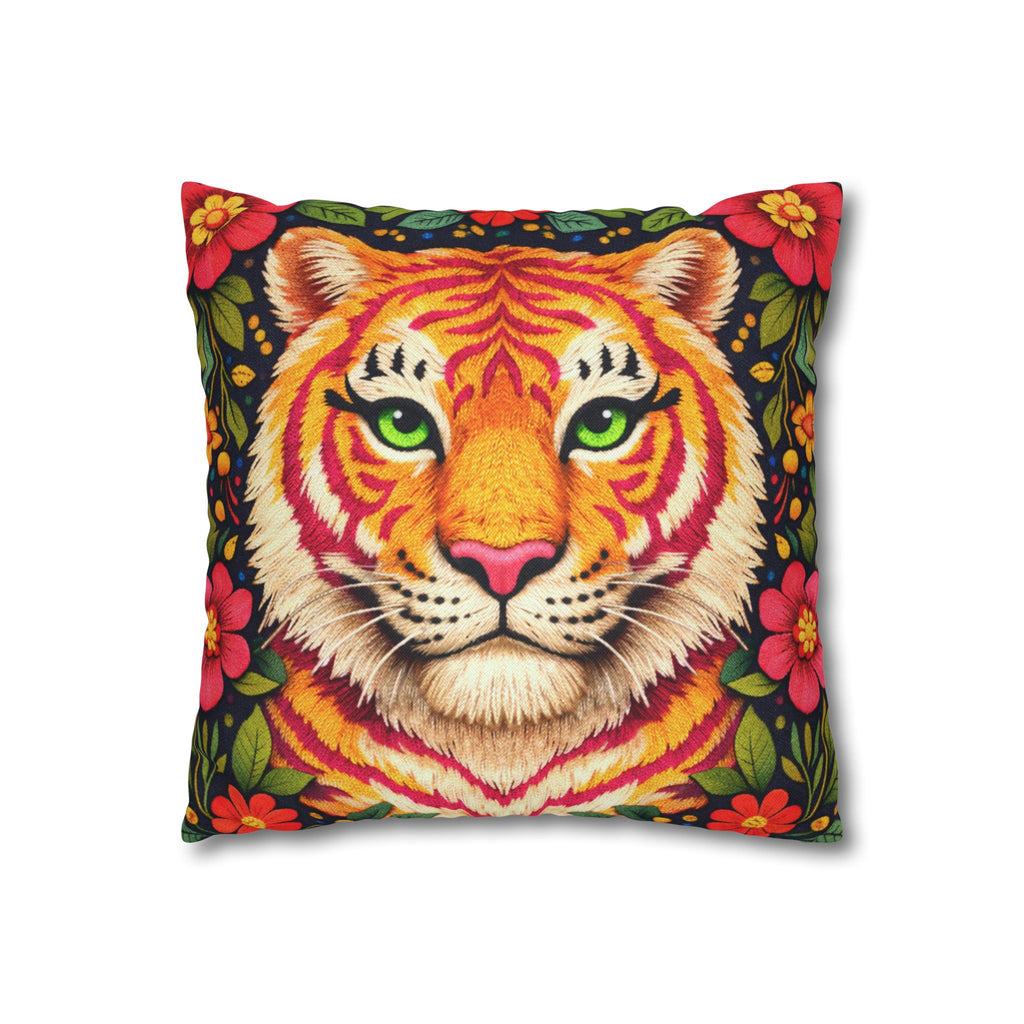 Folk Art Tiger Pillow Cover – Layered Color Artwork
