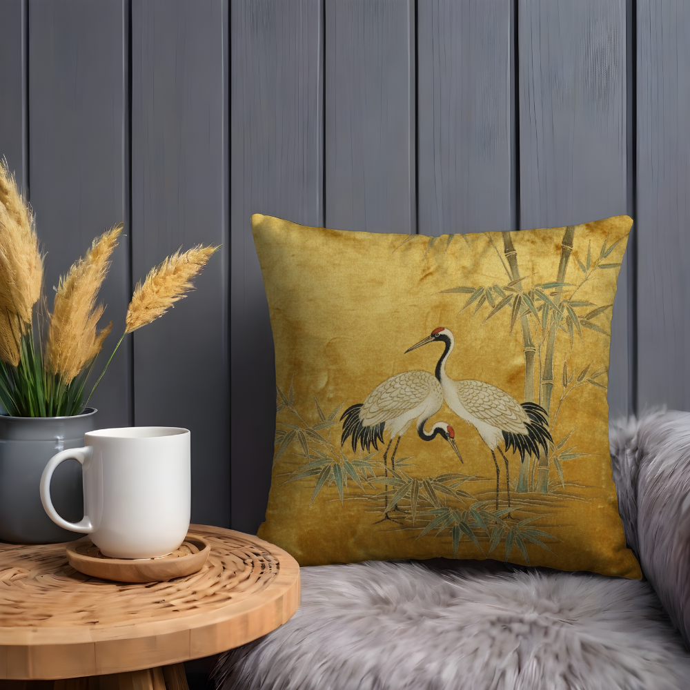 Two Cranes Bamboo Pillow Cover | Japanese Art | Asian Serenity Decor