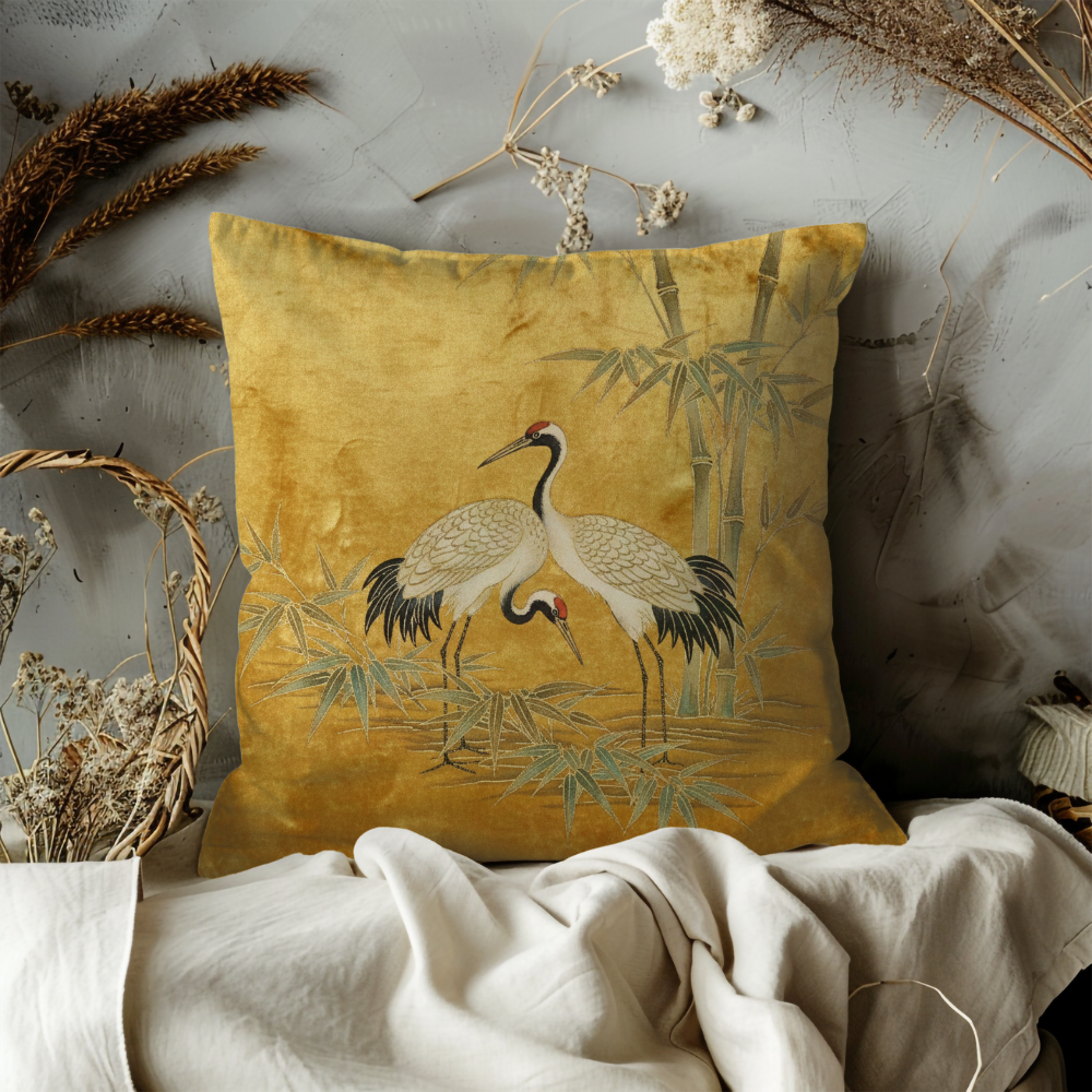 Two Cranes Bamboo Pillow Cover | Japanese Art | Asian Serenity Decor