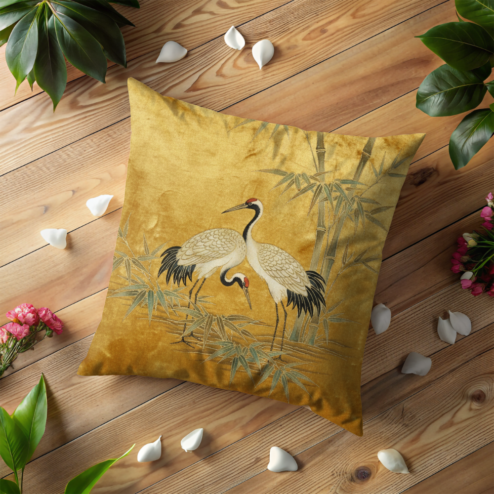 Two Cranes Bamboo Pillow Cover | Japanese Art | Asian Serenity Decor