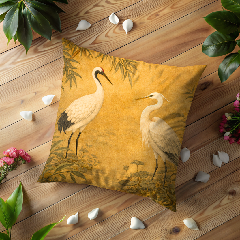 Vintage Crane and Heron Pillow Cover – Chinoiserie Bird Decor | Gold Japanese Art | Elegant Zen Home Gift