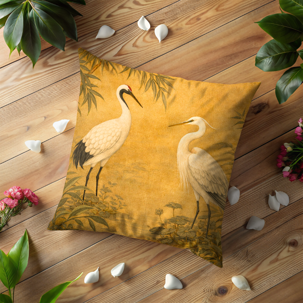 Vintage Crane and Heron Pillow Case, Chinoiserie Bird Decor, Gold Japanese Art Cushion, Elegant Zen Home Gift, Luxury Feline Art Decor
