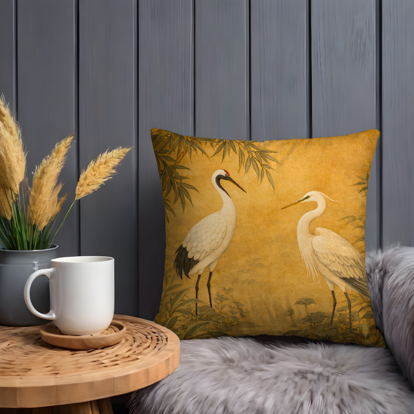 Vintage Crane and Heron Pillow Cover – Chinoiserie Bird Decor | Gold Japanese Art | Elegant Zen Home Gift
