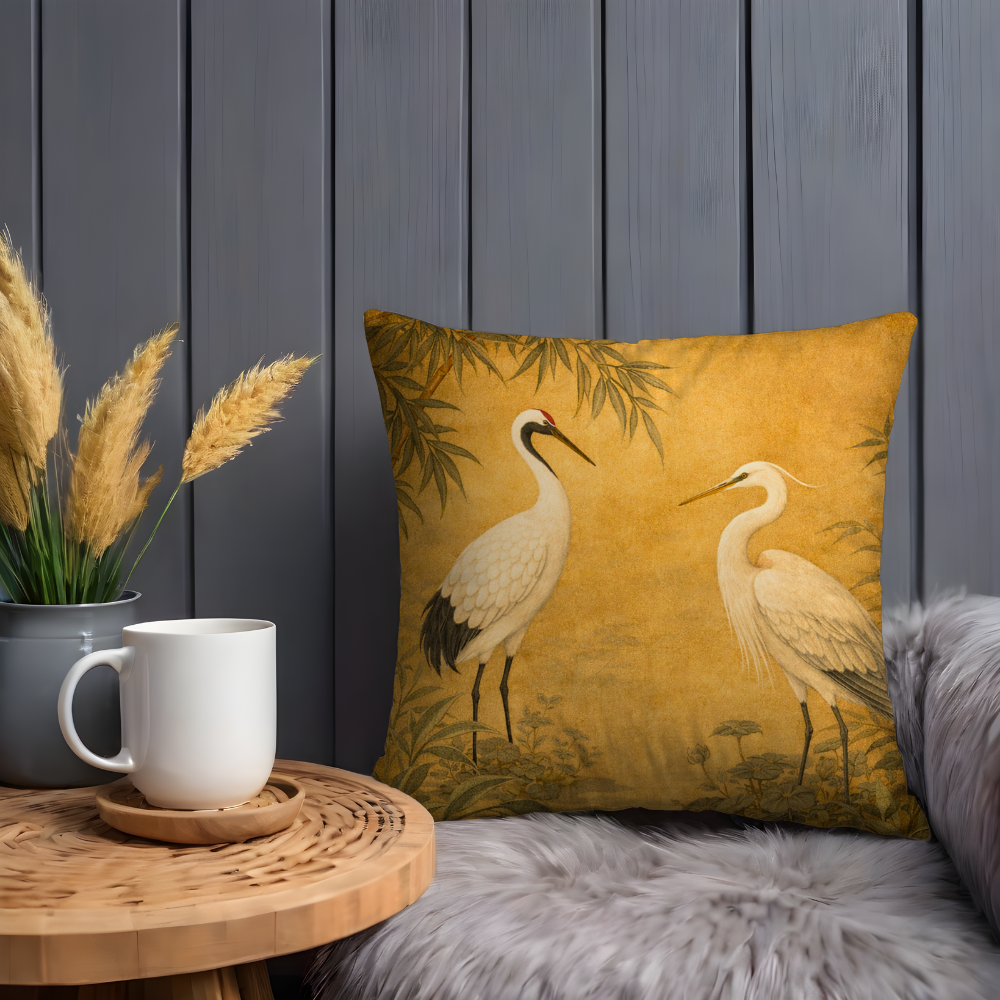 Vintage Crane and Heron Pillow Case, Chinoiserie Bird Decor, Gold Japanese Art Cushion, Elegant Zen Home Gift, Luxury Feline Art Decor