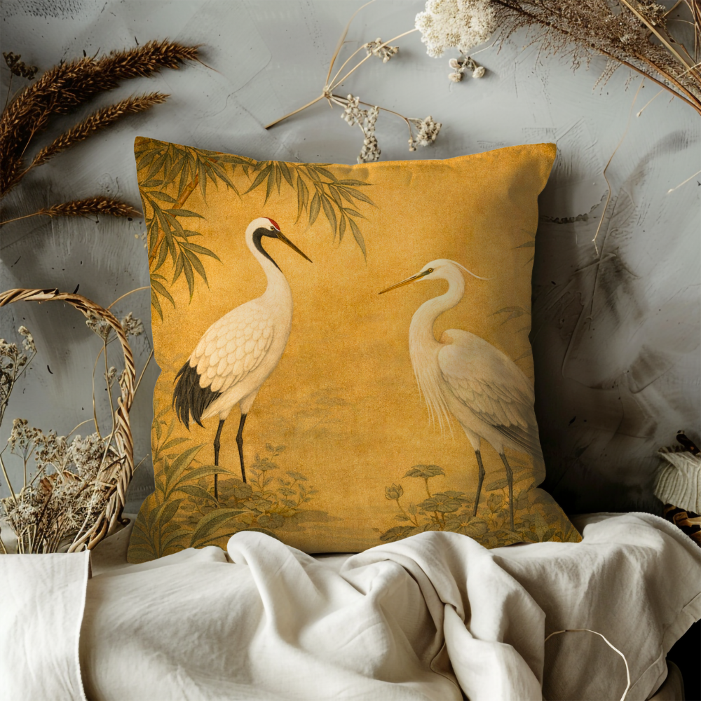 Vintage Crane and Heron Pillow Case, Chinoiserie Bird Decor, Gold Japanese Art Cushion, Elegant Zen Home Gift, Luxury Feline Art Decor