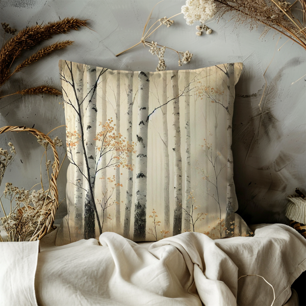 Birch Forest Pillow Cover – Misty Woodland Art | Calm Nature Decor