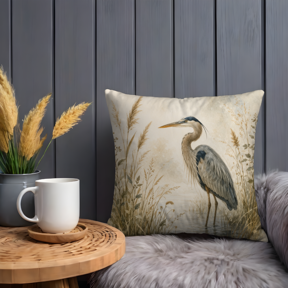 Great Blue Heron Marsh Pillow Cover | Wetland Bird Art | Calm Nature Decor