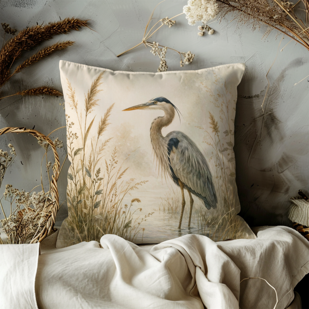 Great Blue Heron Marsh Pillow Cover | Wetland Bird Art | Calm Nature Decor
