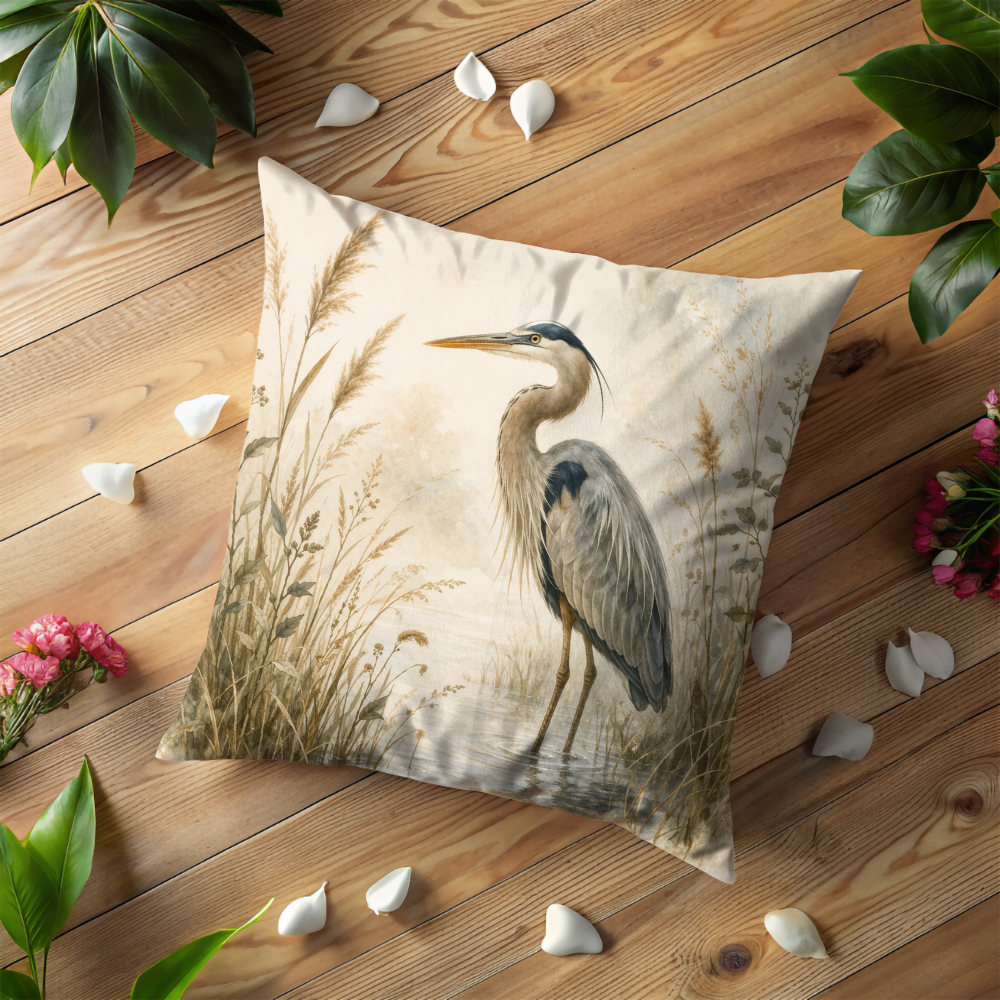 Great Blue Heron Marsh Pillow Cover | Wetland Bird Art | Calm Nature Decor