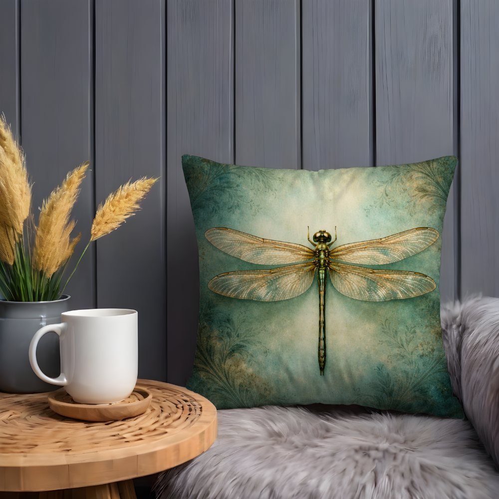 Teal Dragonfly Pillow Case | Vintage Green Dragonfly Throw Pillow Cover | Boho Insect Decor