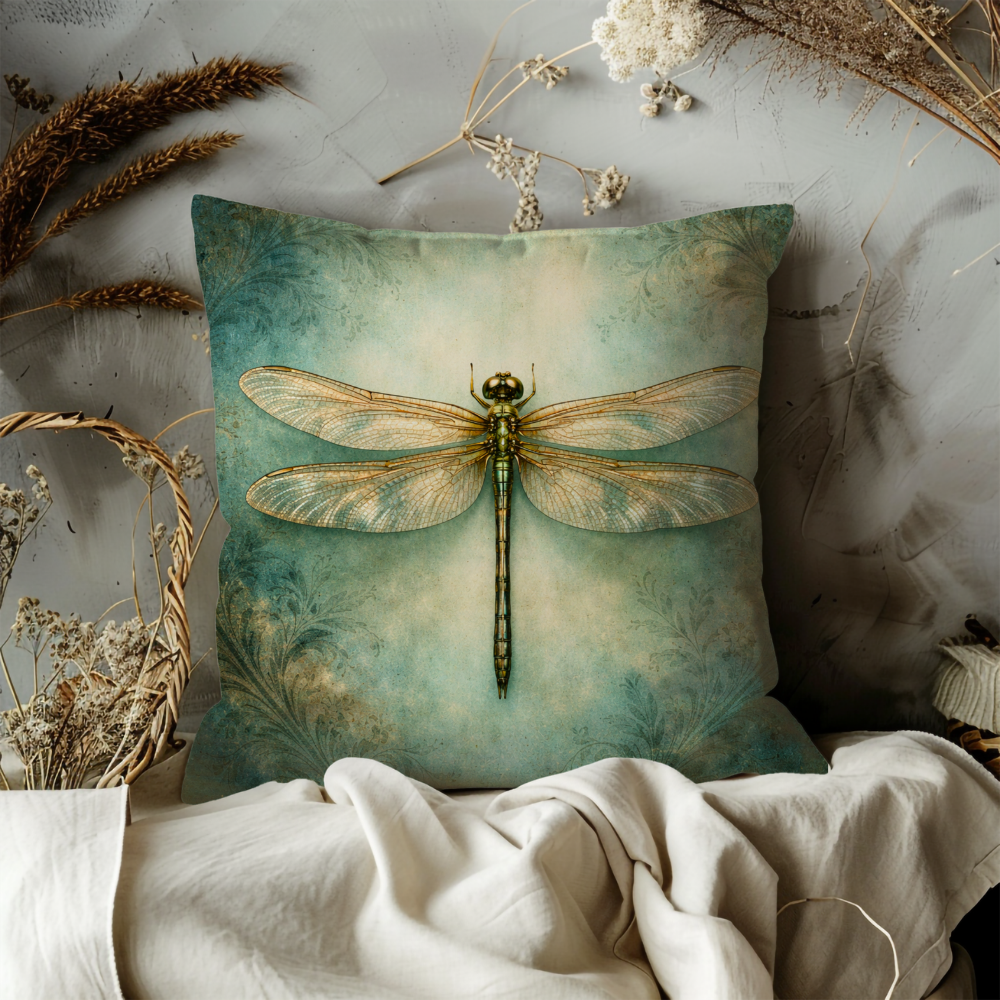 Teal Dragonfly Pillow Case | Vintage Green Dragonfly Throw Pillow Cover | Boho Insect Decor