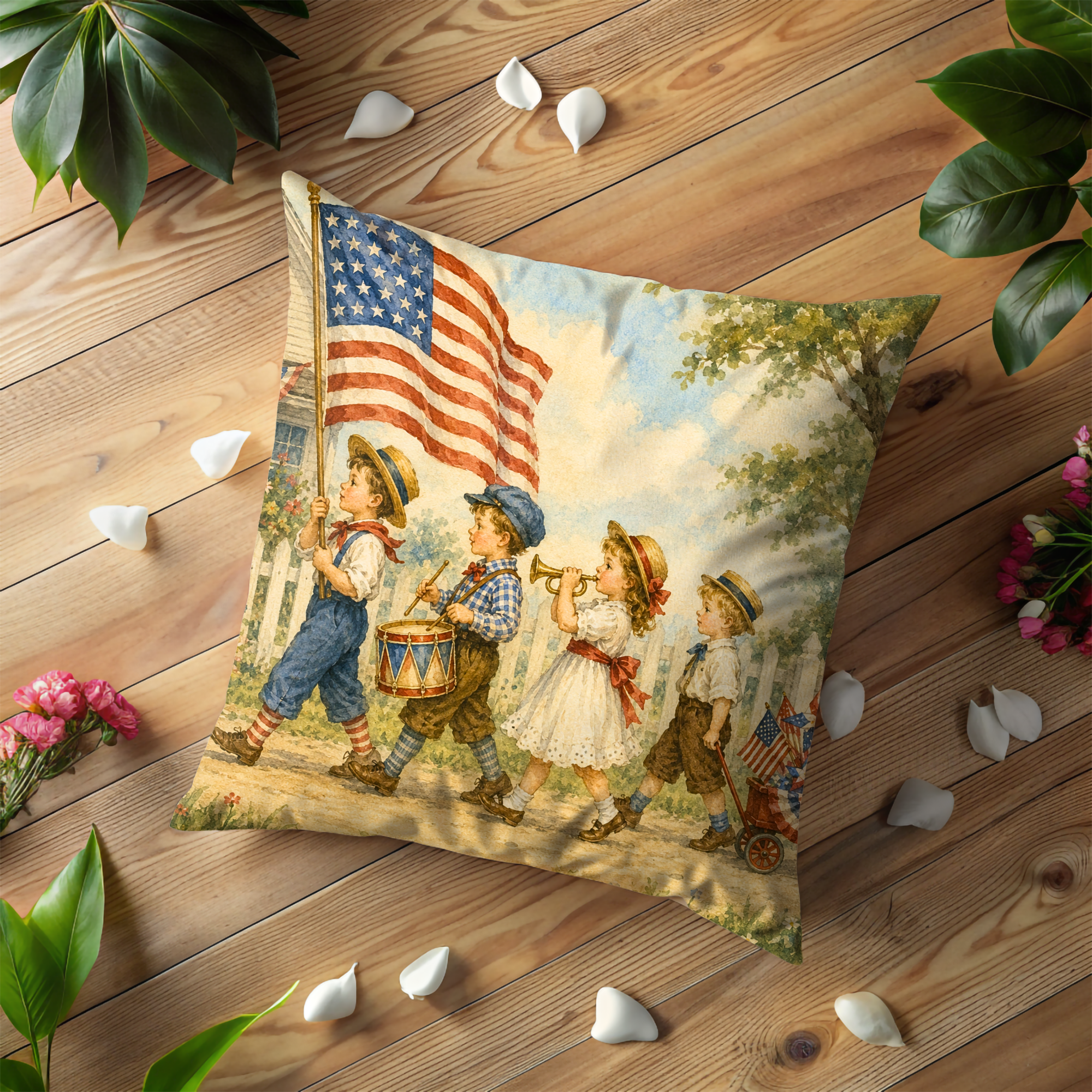Patriotic Children Parade Pillow Case | Vintage 4th of July Flag Drum Trumpet Throw Pillow Cover | American Kids Home Decor