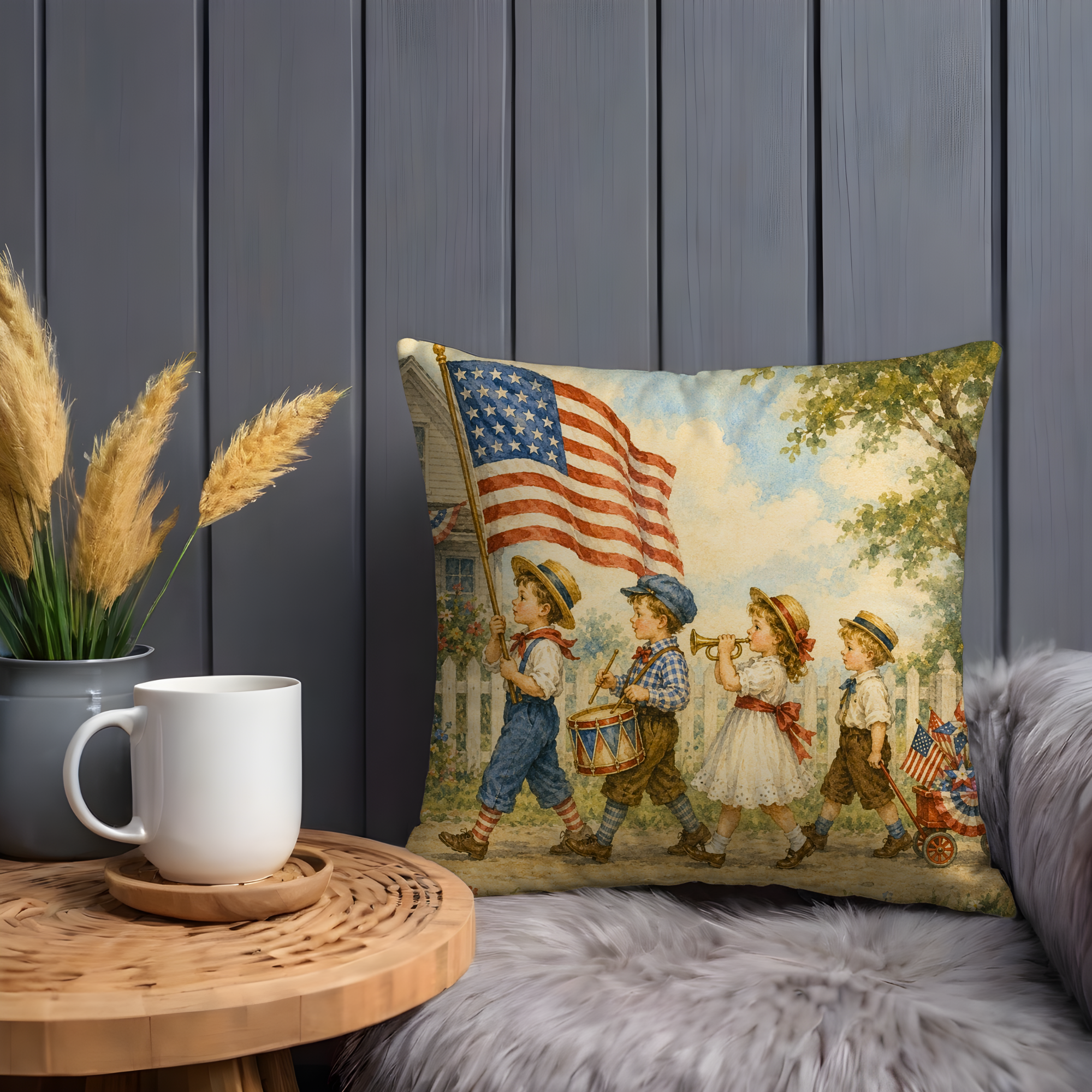 Patriotic Children Parade Pillow Case | Vintage 4th of July Flag Drum Trumpet Throw Pillow Cover | American Kids Home Decor