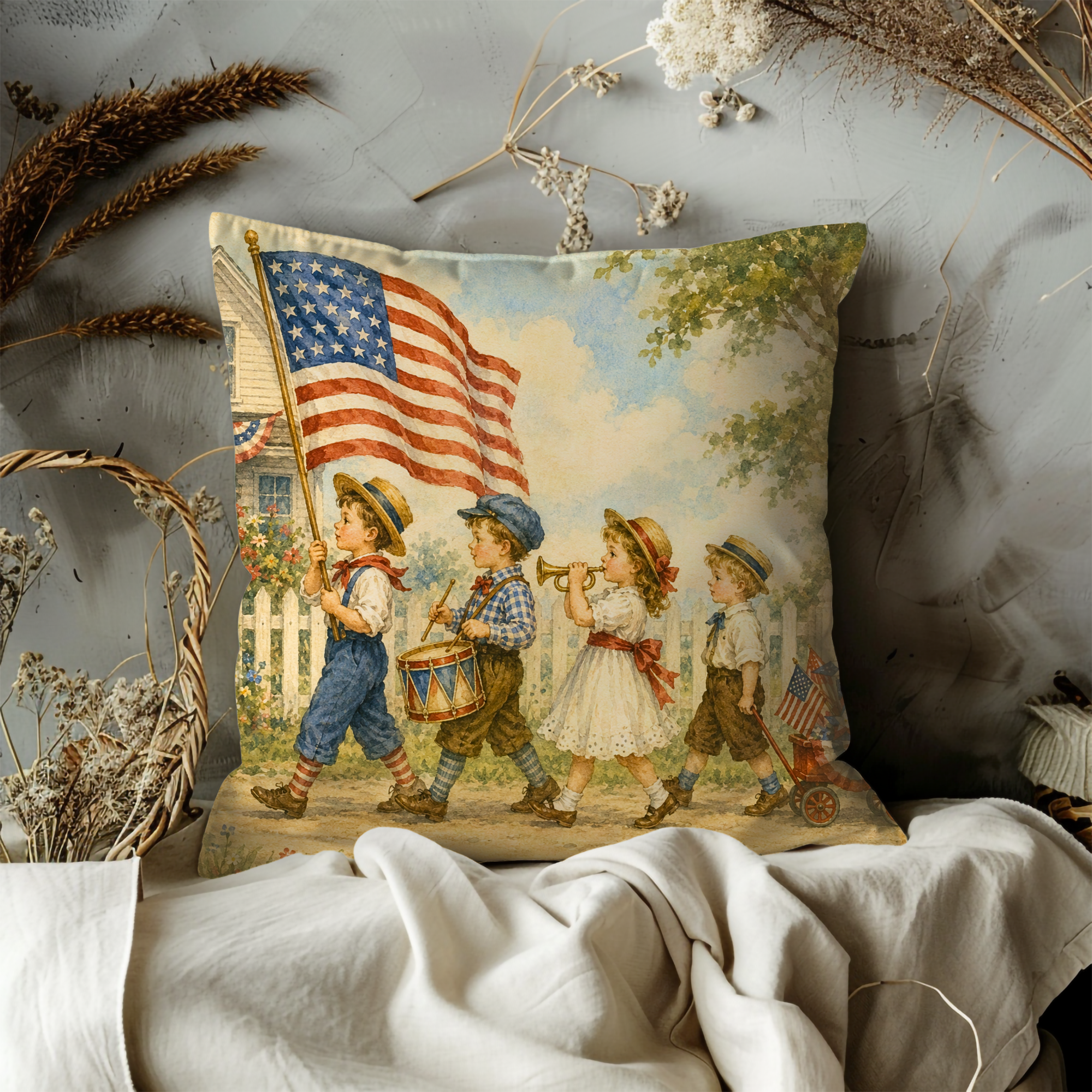 Patriotic Children Parade Pillow Case | Vintage 4th of July Flag Drum Trumpet Throw Pillow Cover | American Kids Home Decor