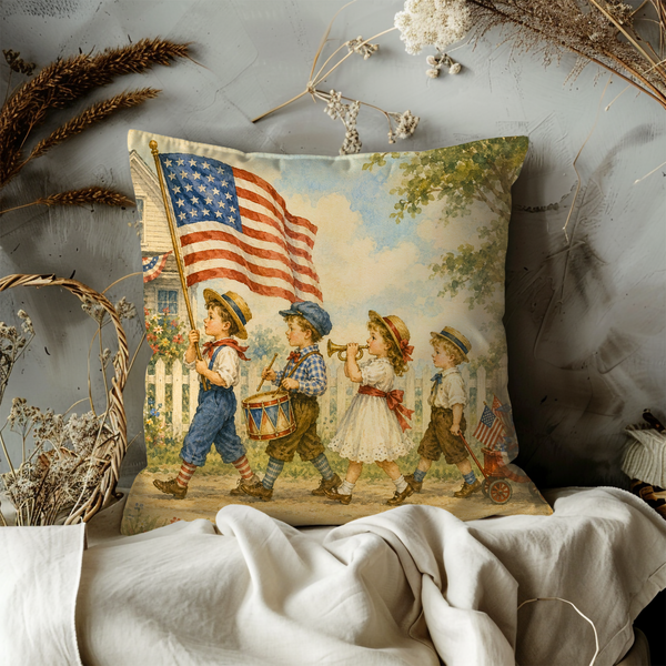 Patriotic Children Parade Pillow Cover | Vintage 4th of July Flag Drum Trumpet | American Kids Home Decor