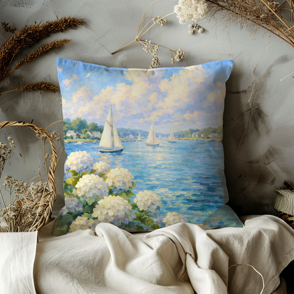 Coastal Sailboat Pillow Cover – White Hydrangea Nautical  Cover | Beach Decor